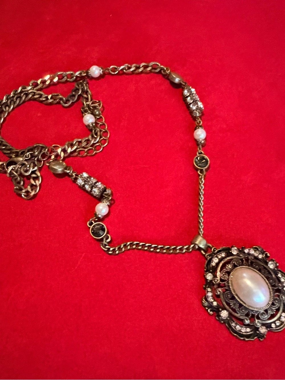 Gold-Tone Filigree Pendant Necklace with Pearl and Clear Crystals